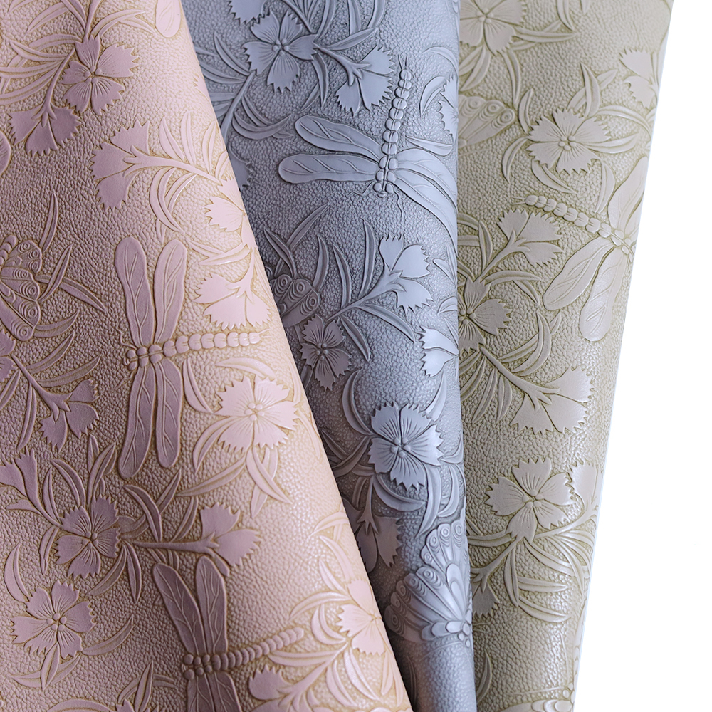 Tooled Bump Textured Floral Leaves Embossed Waterproof Vinyl PVC Synthetic Leather Fabric for Craft DIY Bags Furniture Garment