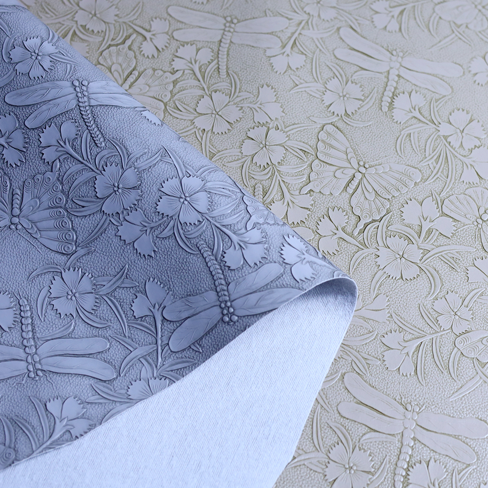 Pure Color Rome Flower Embossed PVC Synthetic Leather Fabric Velvet Backing Waterproof Wear-Resistant for Bag Garment Decorative