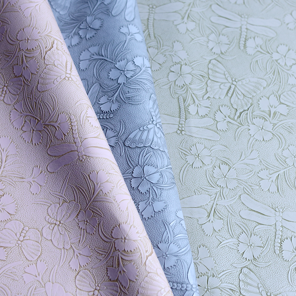 Tooled Bump Textured Floral Leaves Embossed Waterproof Vinyl PVC Synthetic Leather Fabric for Craft DIY Bags Furniture Garment