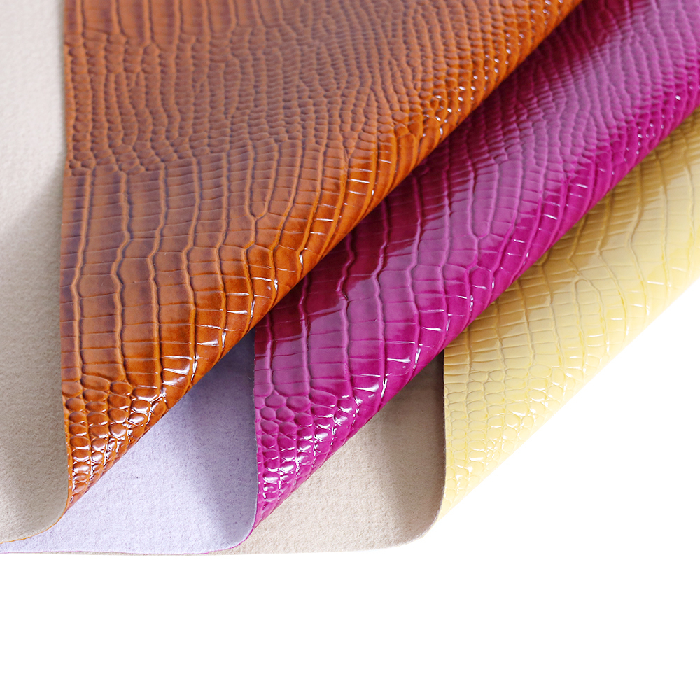 Solid Color Leatherette Faux Fabric Highlighted Crocodile Grain Embossed PVC Synthetic Artificial Leather Fabric Flocked Backing
